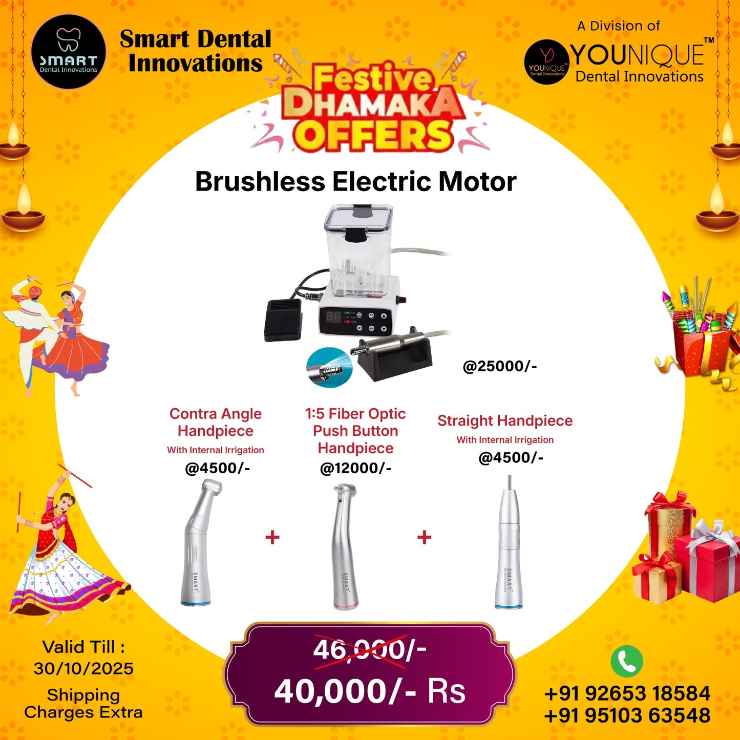 Brushless Electric Motor + Contra Angle Handpiese + 1:5 Fiber Optic Push Button Handpiece + Straight Handpiece